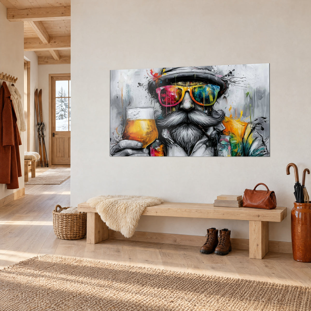 Quadro uomo barbuto con cappello nero e occhiali colorati che alza una birra ambrata, appeso a una parete beige accanto a una panca di legno