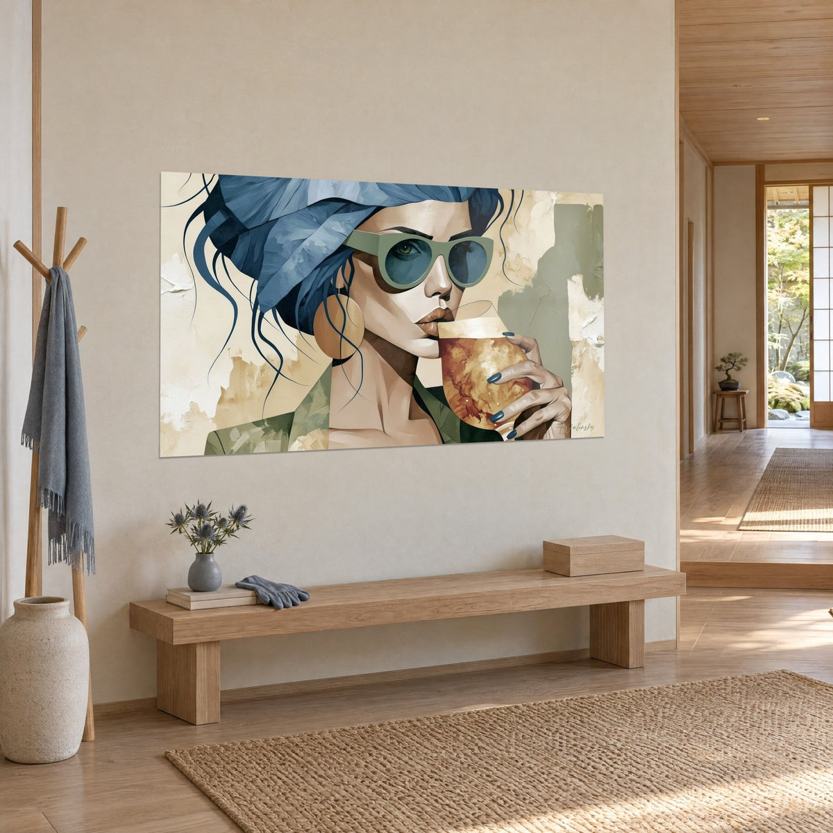 Quadro ritratto stilizzato di una bevitrice con foulard blu, bicchiere ambrato e unghie blu navy, su parete beige, vista di tre quarti
