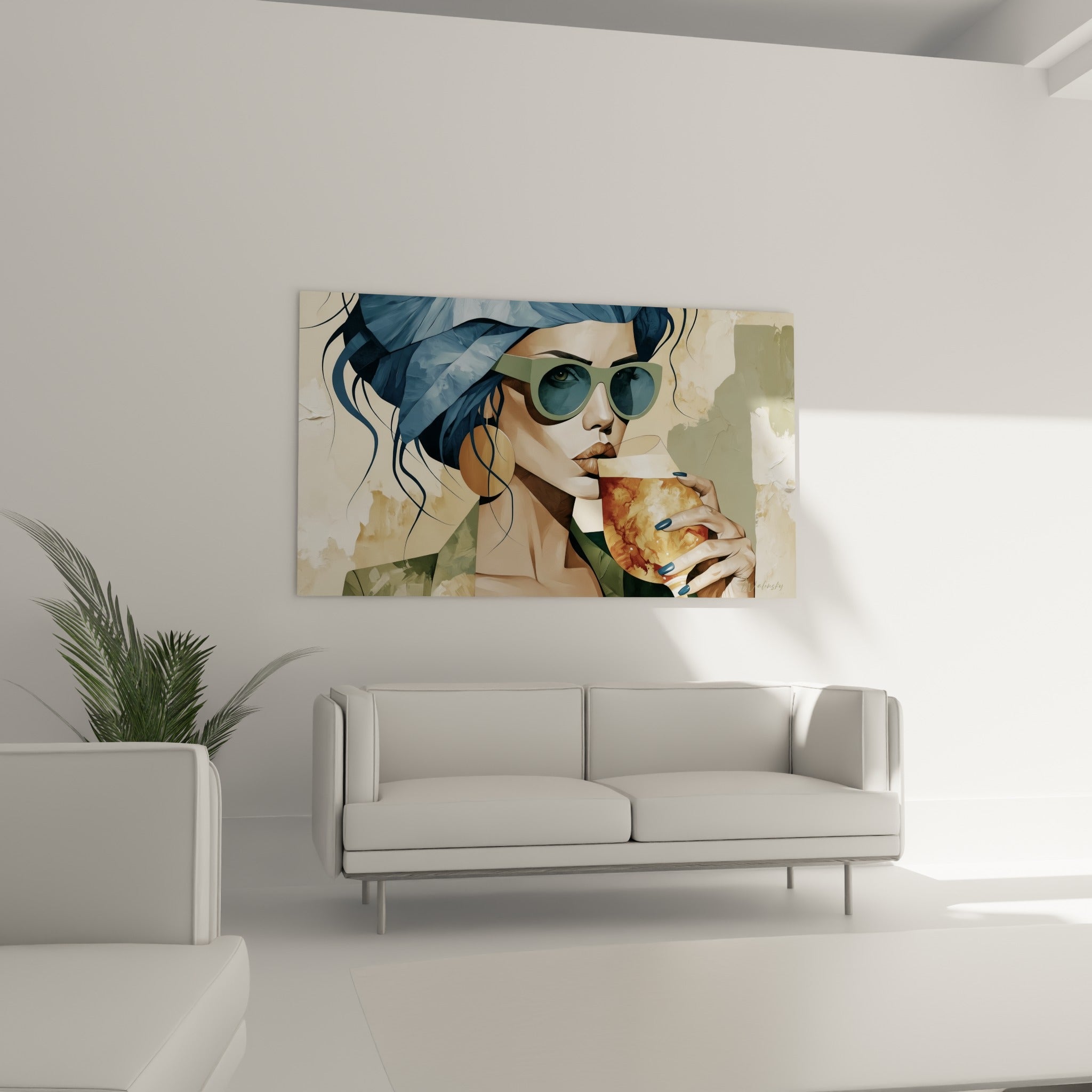 Illustration d'une femme dégustant un verre doré, bijoux dorés, au-dessus d'un canapé dans un salon lumineux