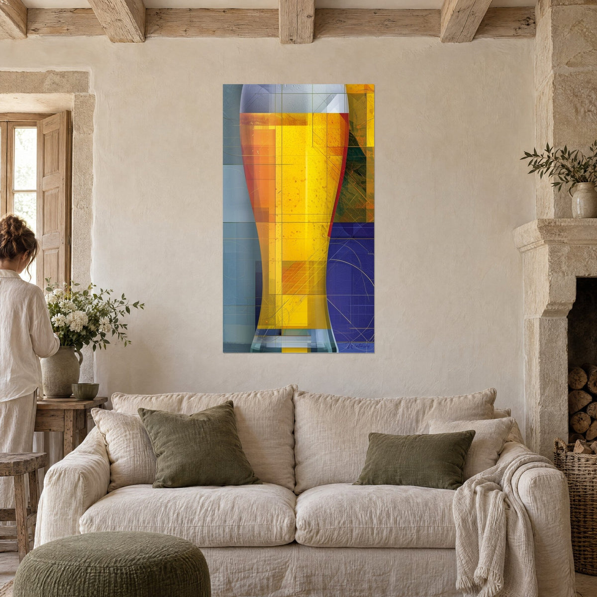 Wall art golden tulip-shaped beer glass, yellow, orange and midnight blue checkered background, above a sofa in a bright living room