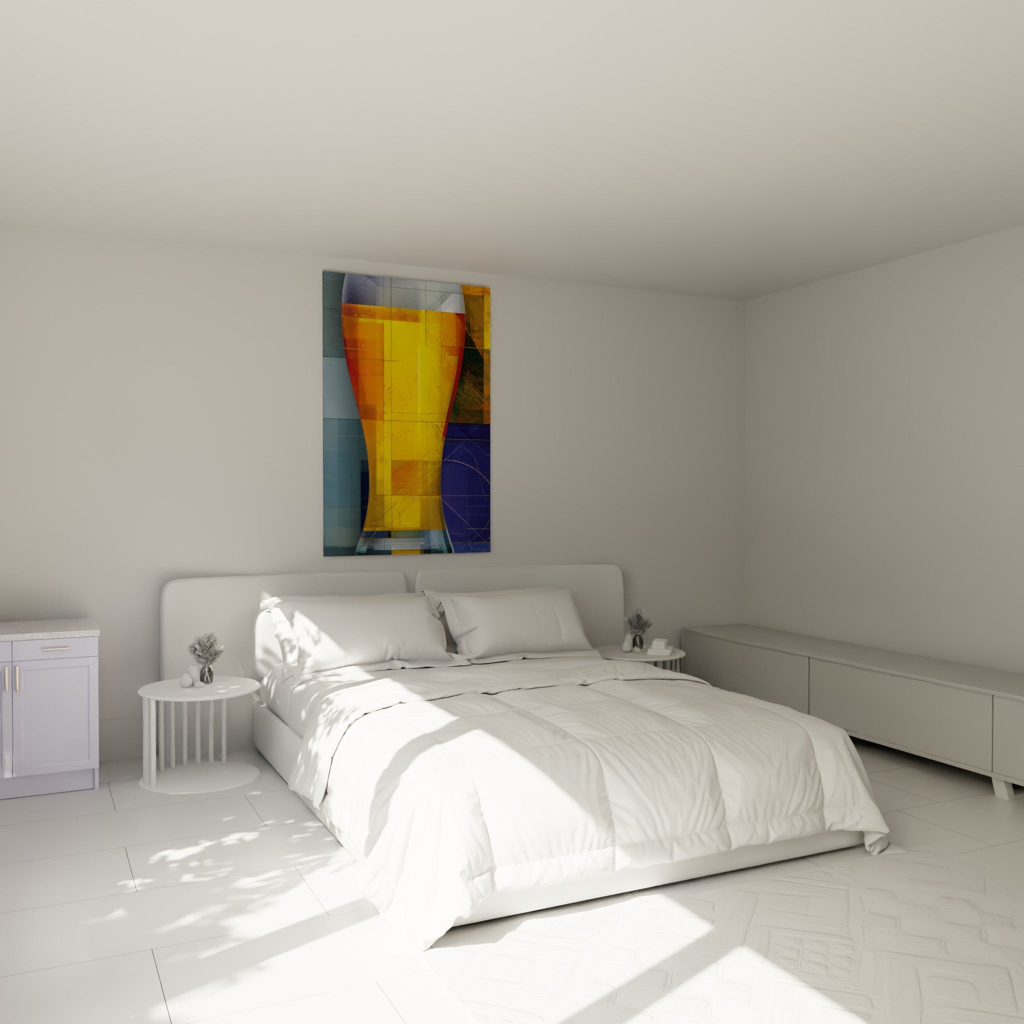 Liquide ambré et bleu marine du tableau bière au-dessus d'un lit dans une chambre claire