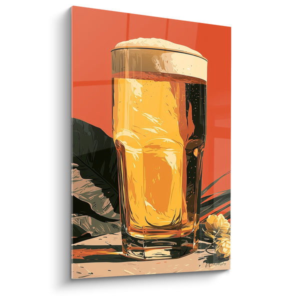 Cuadro de Vidrio de Cerveza Dorada y Coral Cerca de Hojas - Cono de Lúpulo - Edición Cerveza