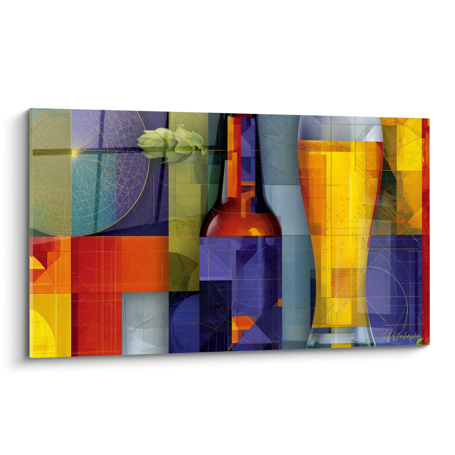 Tableau Bouteille et verre géométriques ambre bleu - Éclat de dégustation - Edition Bière