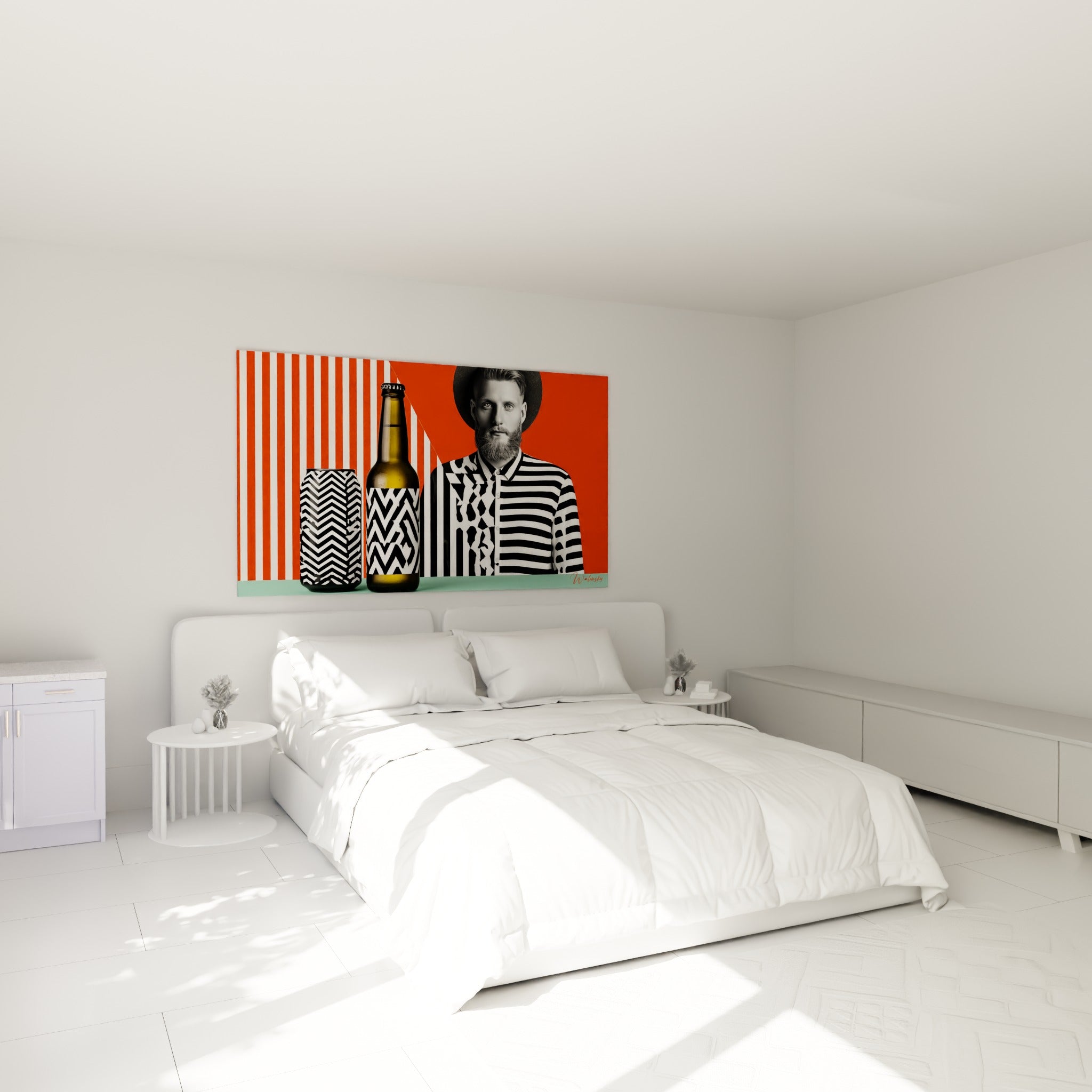Bouteille et canette chevrons noir et blanc au-dessus d'un lit dans une chambre claire