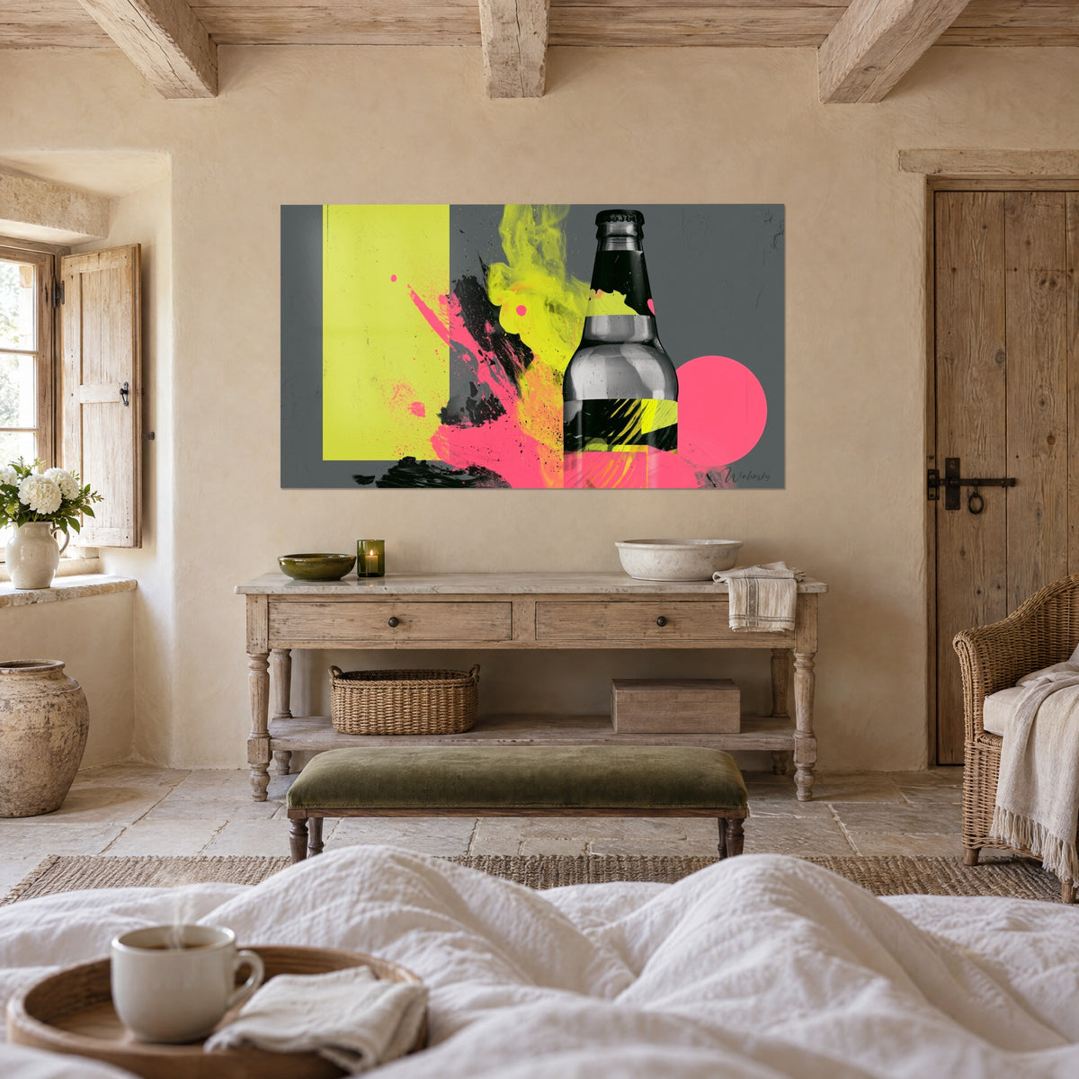 Wall art grey beer bottle with black outlines, neon yellow and pink, giant pink circle above a bed in a bright bedroom