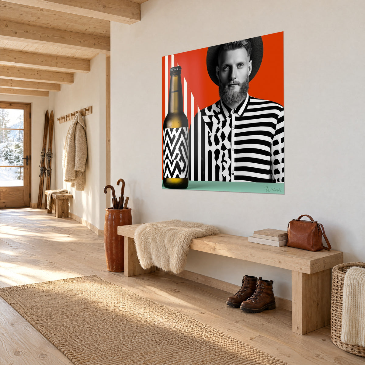 Cuadro retrato gráfico de un barbudo con camisa de cebra en blanco y negro, fondo naranja vivo, botella ámbar, entrada de chalet
