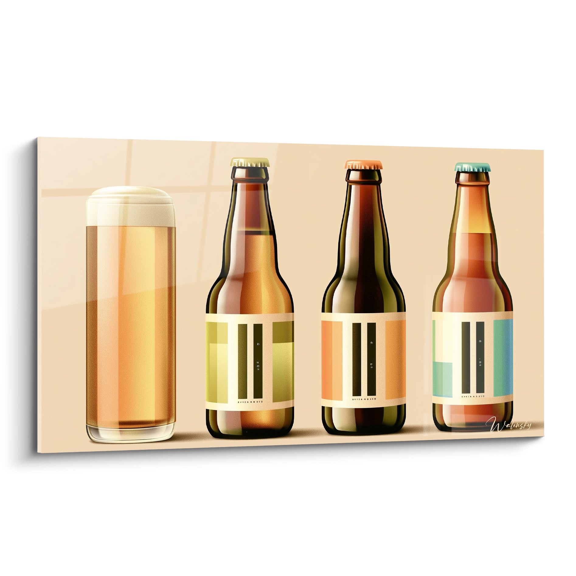 Quatre bouteilles bière ambre et vert olive alignées sur fond beige, verre mousseux à gauche