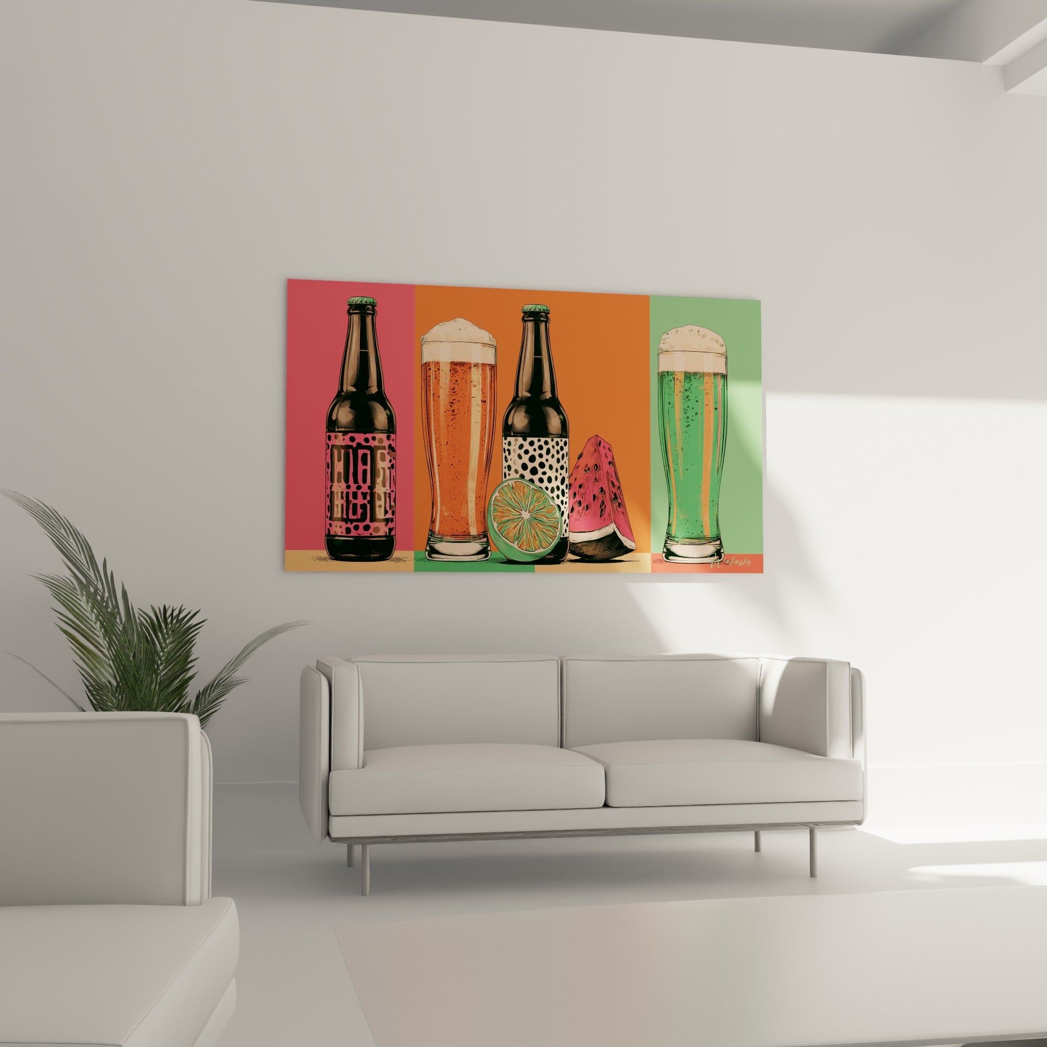 Bouteilles à motifs pois et léopard suspendues au-dessus d'un canapé dans un salon lumineux