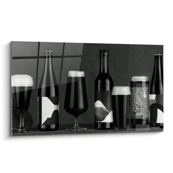 Cuadro Botellas y vasos negros y blancos alineados - Ritual de degustación - Edición Cerveza