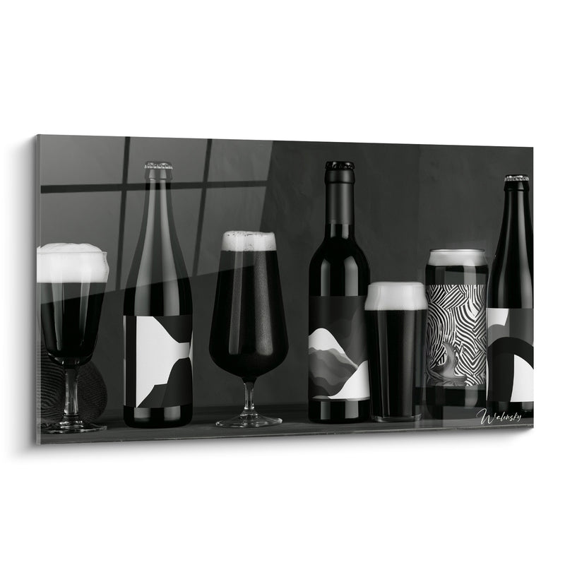 Tableau Bouteilles et verres noir et blanc alignés - Rituel de dégustation - Edition Bière