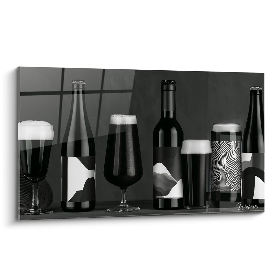 Tableau Bouteilles et verres noir et blanc alignés - Rituel de dégustation - Edition Bière