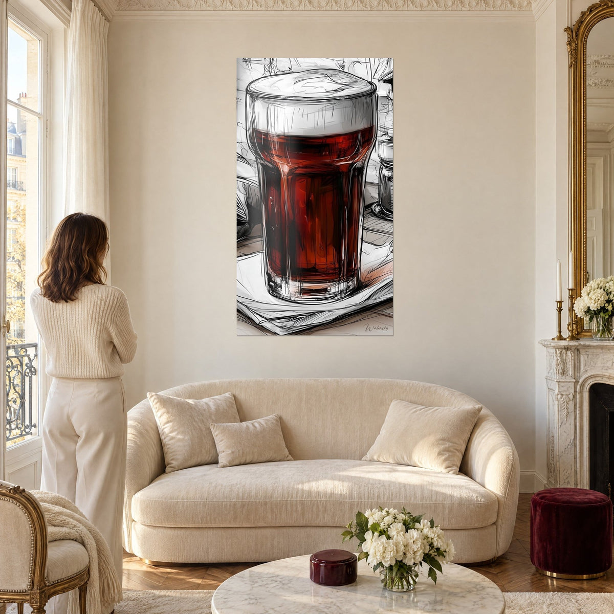 Wall art frothy dark beer in a glass, black and brick red ink strokes, woman seen from behind, above a sofa in a bright living room