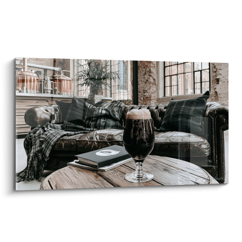 Tableau Verre à pied brune et noire sur table basse - Canapé en cuir capitonné - Edition Bière