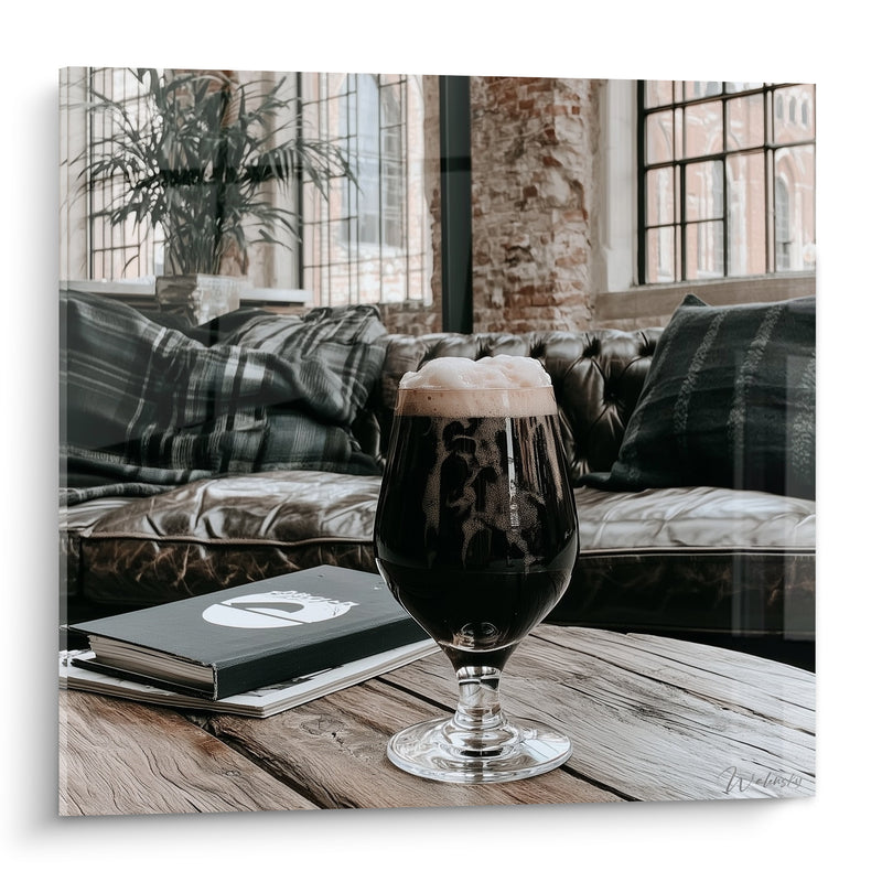 Tableau Verre à pied brun et mousse crème - Pause au coin du feu - Edition Bière