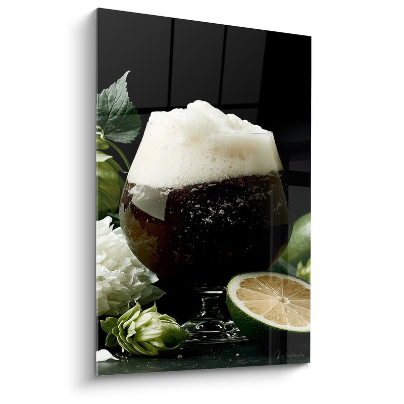 Tableau Verre à pied brun et blanc citron vert - Fleur blanche et houblon - Edition Bière