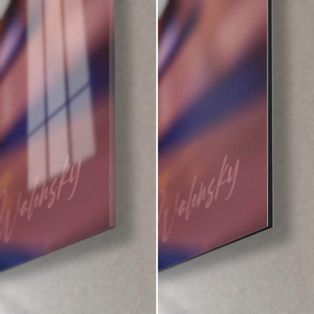 Gemälde mit goldenem Bierkrug auf einer Bartheke, untere rechte Ecke: glänzendes rosa Acrylglas und mattschwarze 3-mm-Dibond-Kante