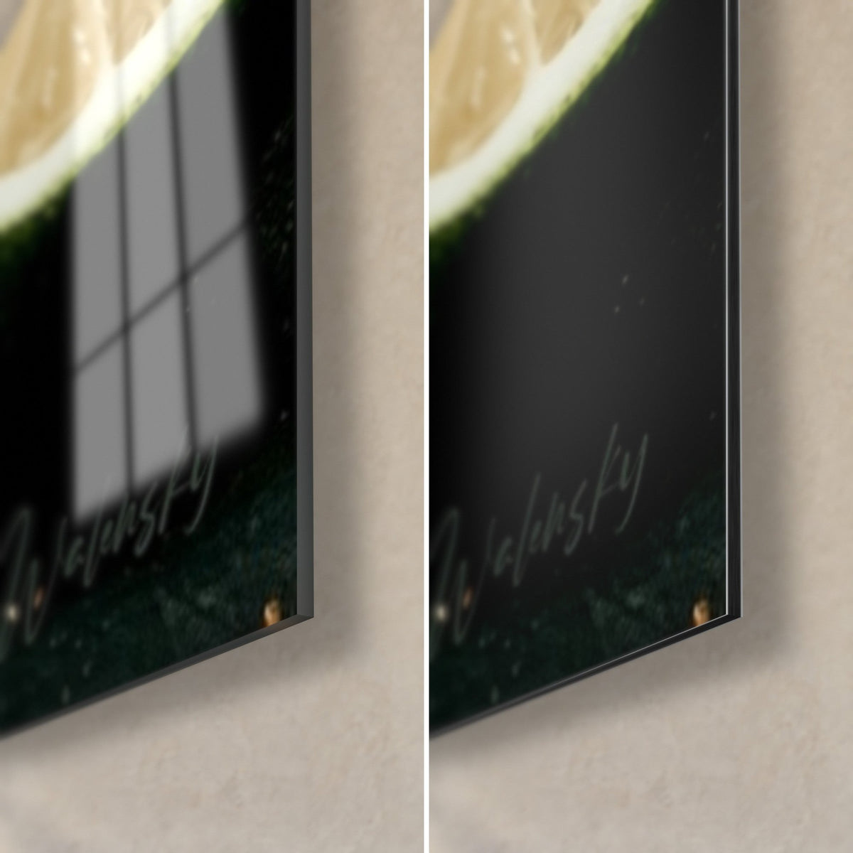Gemälde Dunkles Bier unter weißem Schaum, untere rechte Ecke, 3 mm Kante, glänzendes Acrylglas und mattschwarzes Dibond-Aluminium