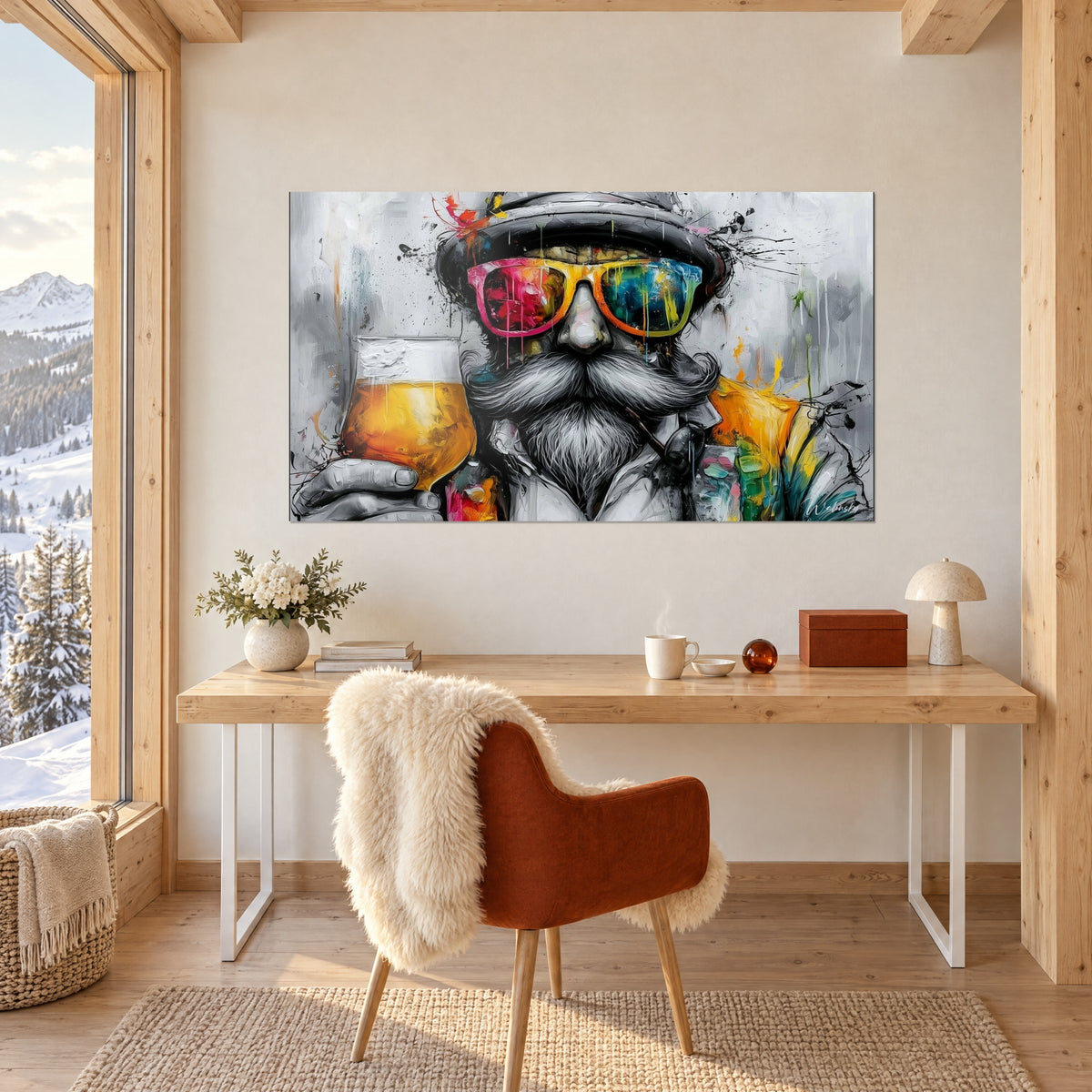 Quadro tipo con baffi a manubrio e occhiali bicolore rosa e verde, birra dorata in mano, di fronte a una scrivania chiara con sedia rossa