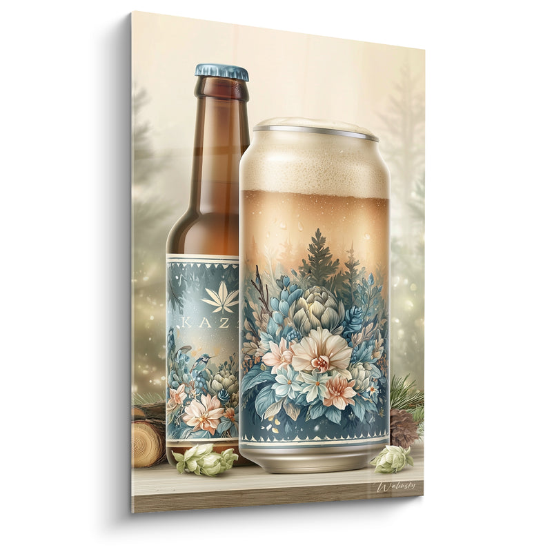 Tableau Canette et bouteille brune fleurs bleues - Pause en clairière - Edition Bière