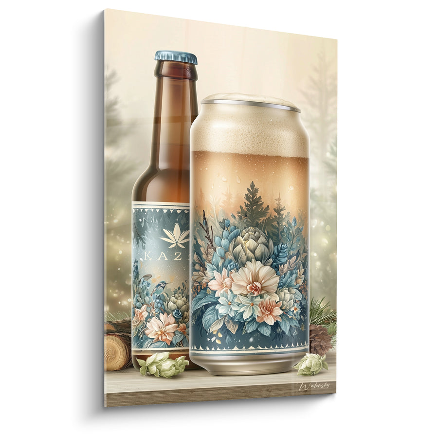 Tableau Canette et bouteille brune fleurs bleues - Pause en clairière - Edition Bière