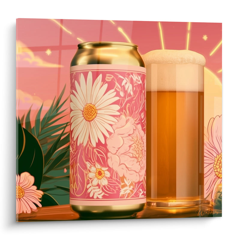 Tableau Canette dorée aux fleurs roses et blanches - Douceur d'été - Edition Bière
