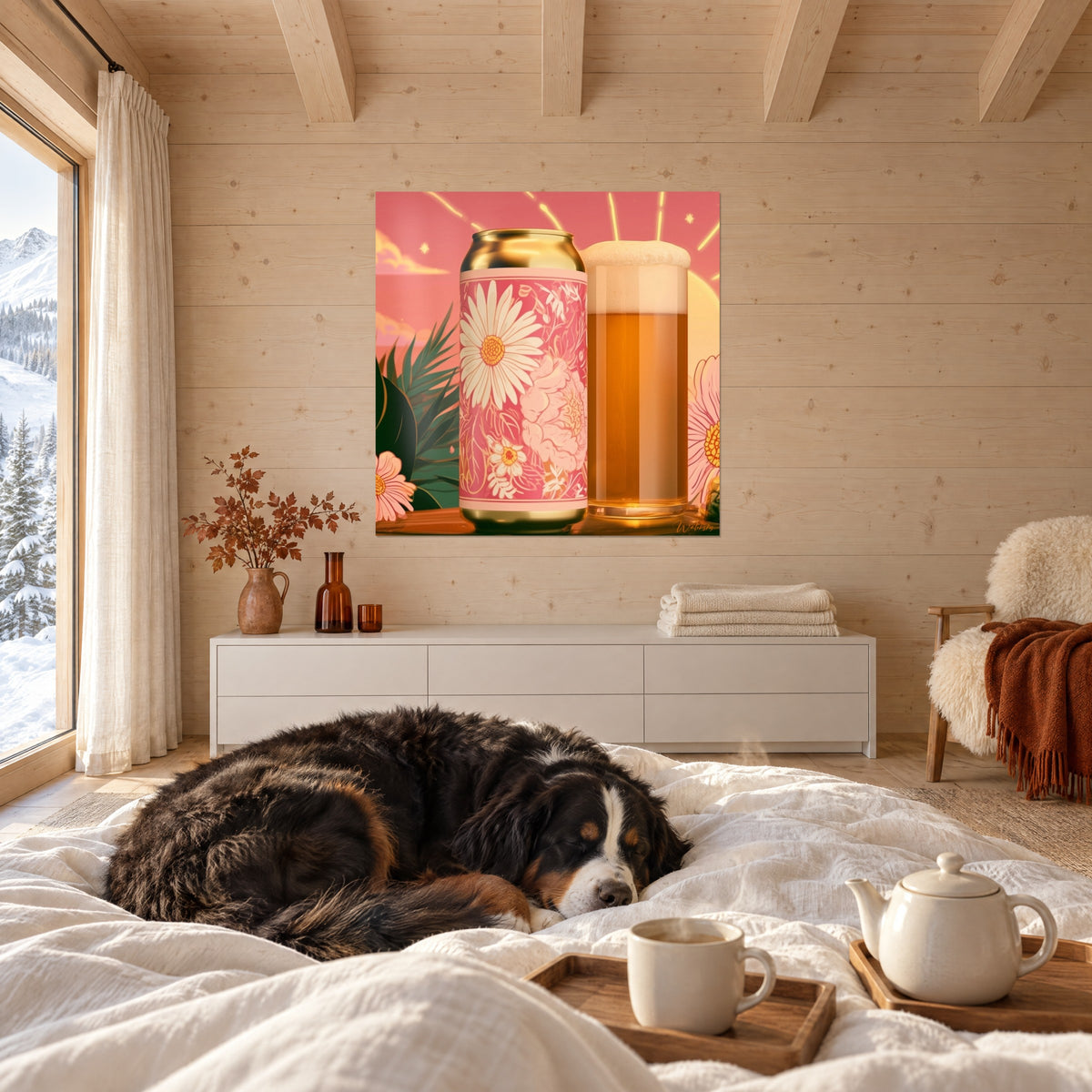 Cuadro lata metalizada decorada con grandes margaritas crema sobre fondo rosa, vaso de cerveza rubia, sobre una cama en un dormitorio luminoso