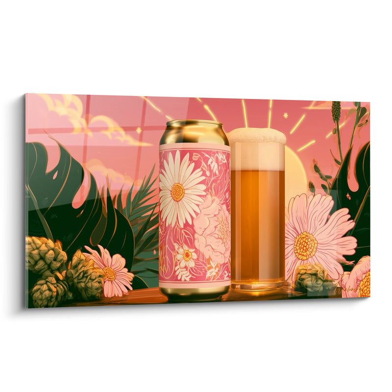 Tableau Canette florale rose et verre de bière ambrée - Soirée d'été fleurie - Edition Bière