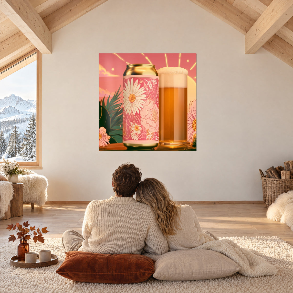 Cuadro dulzura de verano en rosa coral y oro: lata con margaritas, vaso de cerveza ámbar, hojas verde profundo, pared de un chalet luminoso