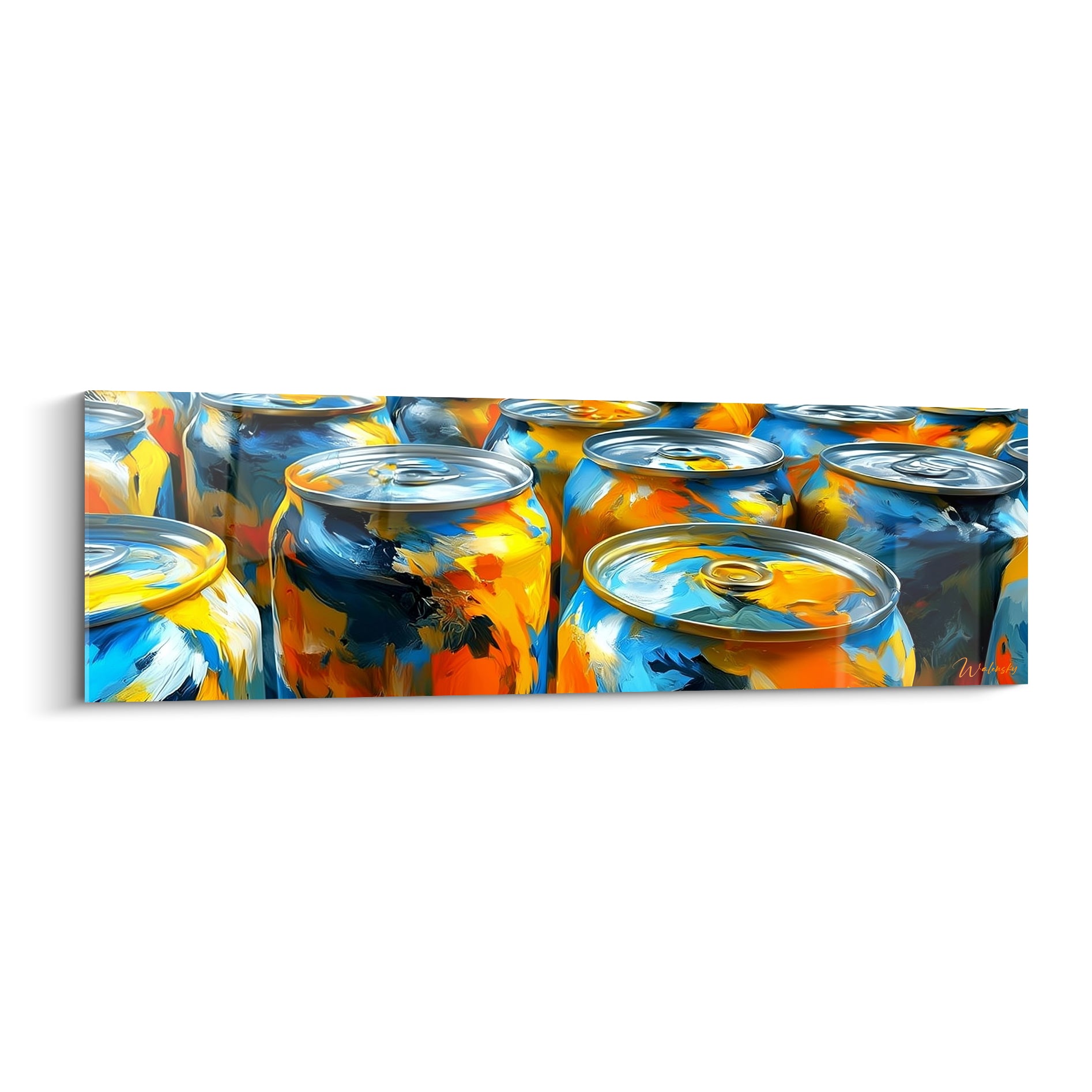 Canettes bière bleu marine et orange serrées, peinture expressive aux reflets argentés métalliques