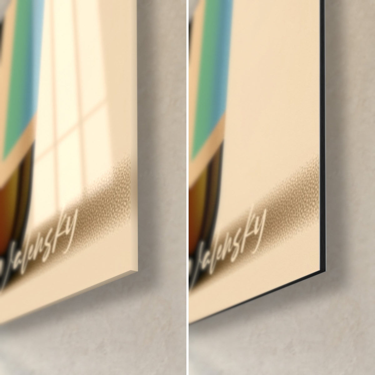 Wall art beer bottles, bottom right corner: glossy acrylic glass on the left, matte Dibond aluminium on the right, 3 mm thickness