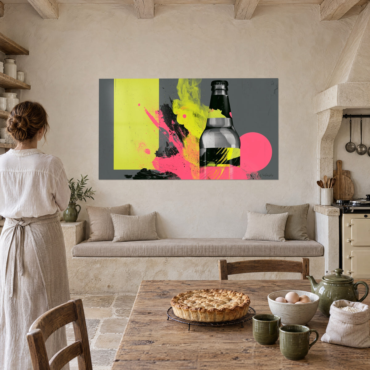 Wall art pop art style soda can, grey bottle outlined in lemon yellow and pink, whitewashed wall, rustic kitchen and tart
