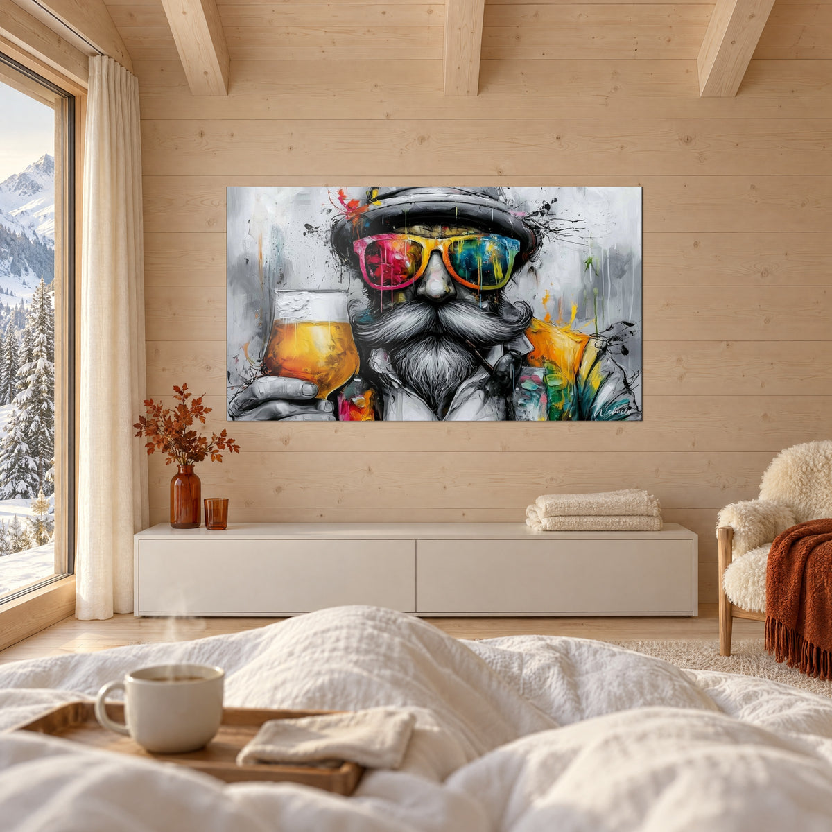 Quadro uomo allegro con barba argentata che brinda con la sua birra arancione, occhiali gialli e rosa scivolati, sopra un letto in una camera chiara