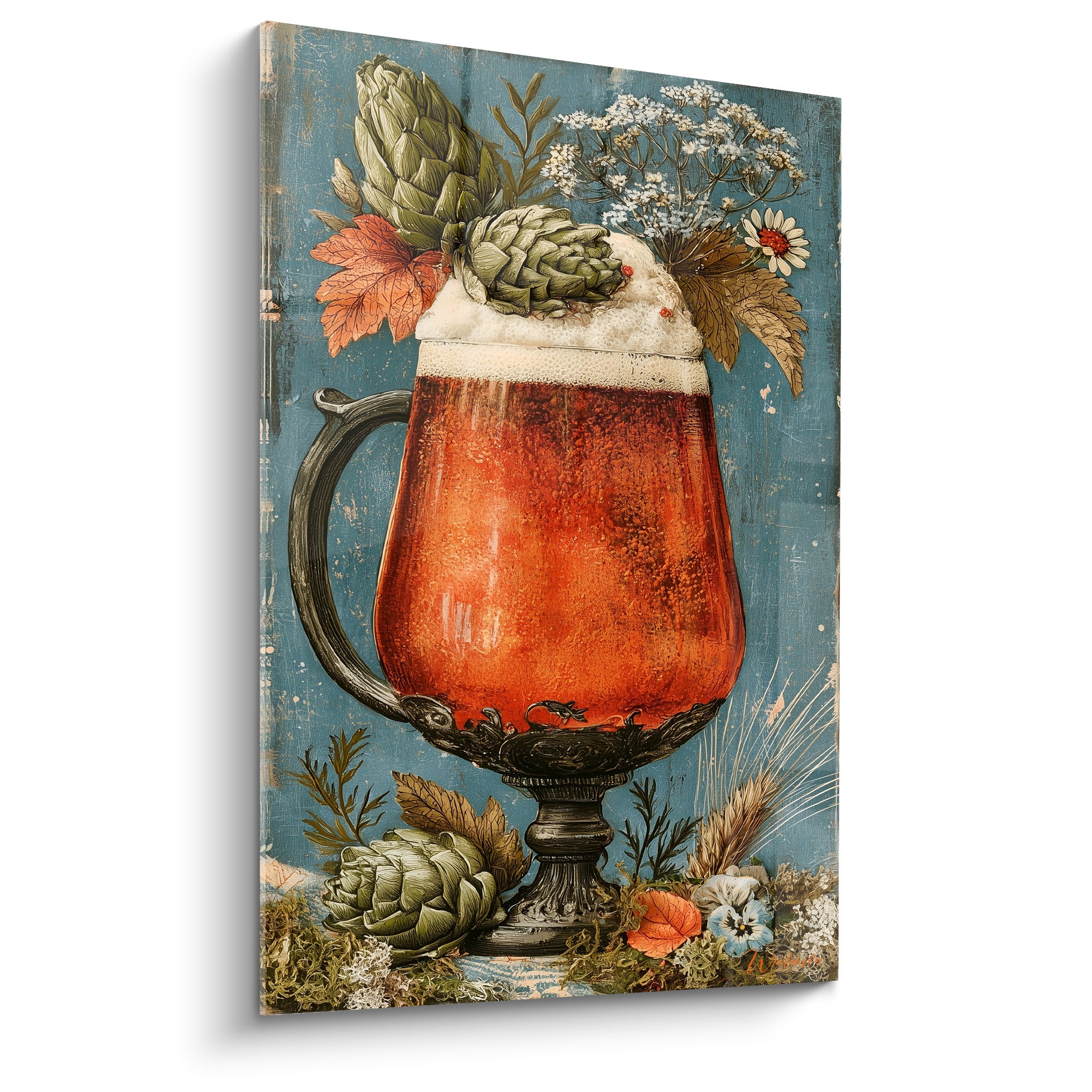 Chope de bière fauve à mousse crème entourée de houblons verts et fleurs blanches sur fond bleu pétrole