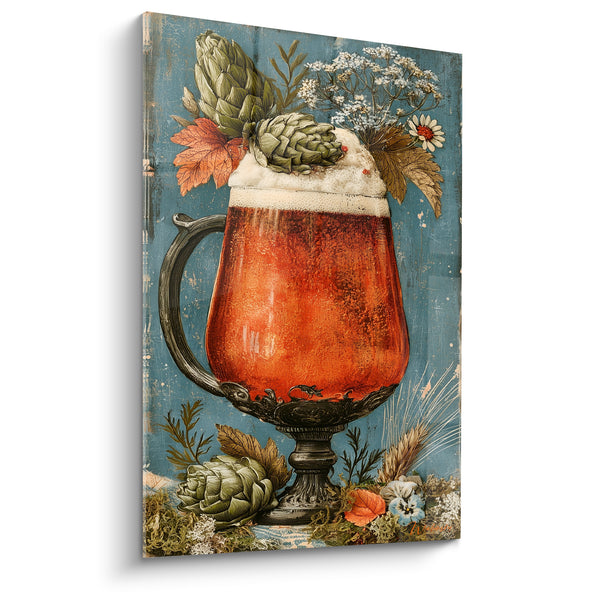 Cuadro de Cerveza Chope Ámbar con Lúpulos y Flores Salvajes - Cosecha Botánica - Edición Cerveza