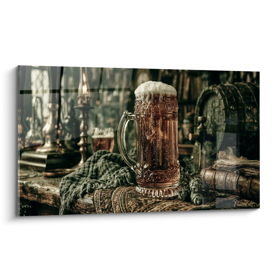 Tableau Chope ambrée mousse blanche fût rustique - Halte de taverne - Edition Bière