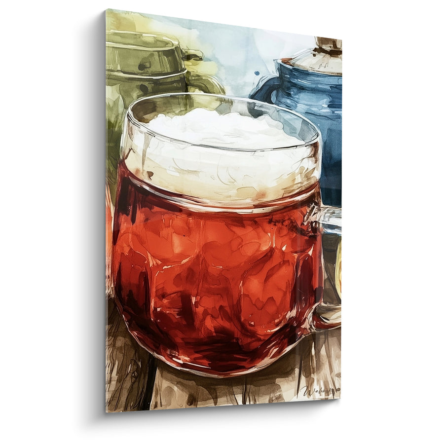 Tableau Chope rouge et blanche à mousse débordante - Cruches vertes en arrière-plan - Edition Bière