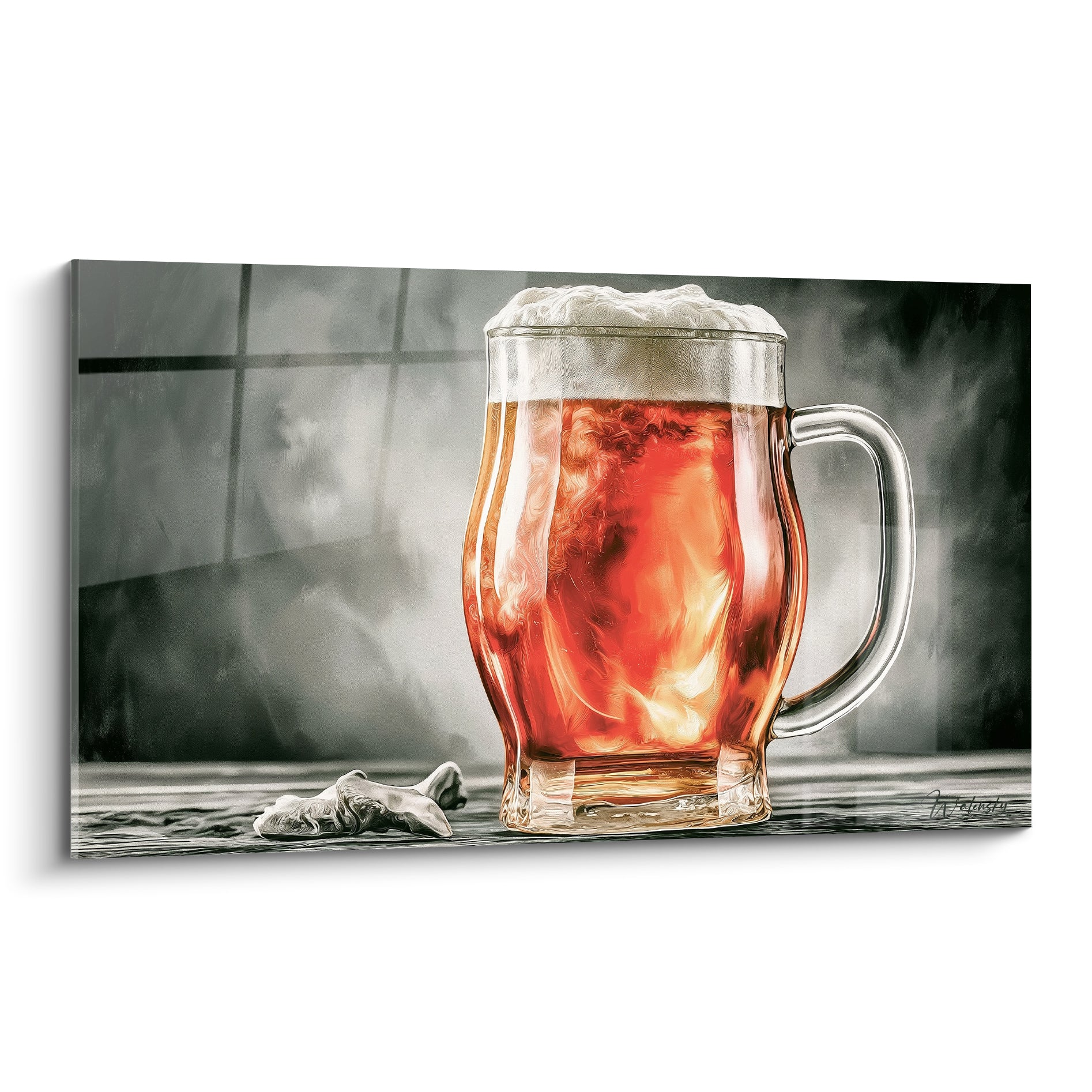 Chope de bière ambrée et orangée à mousse blanche, verre transparent sur fond gris anthracite