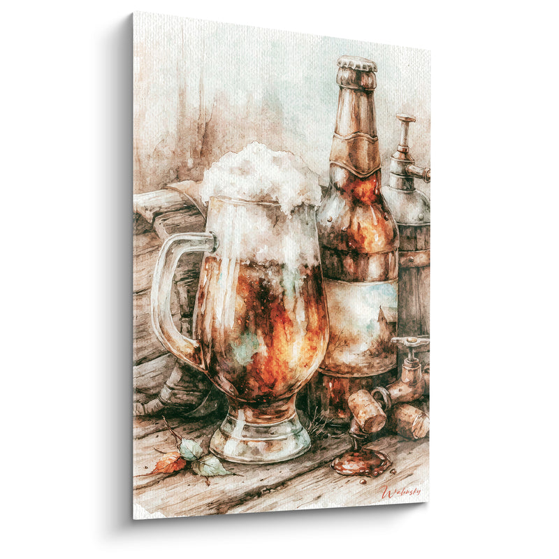 Tableau Chope ambrée et brune près d'une bouteille capsulée - Robinet en cuivre ancien - Edition Bière
