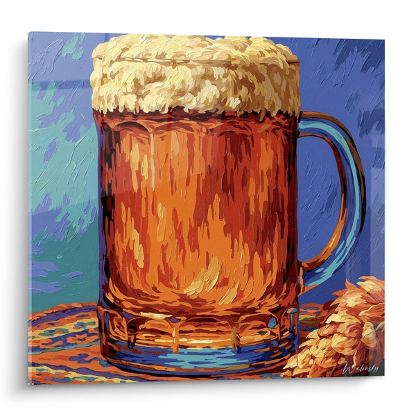 Cuadro de Jarrón de Cerveza Ámbar y Azul con Espuma Abundante - Espigas de Lúpulo Doradas - Edición de Cerveza