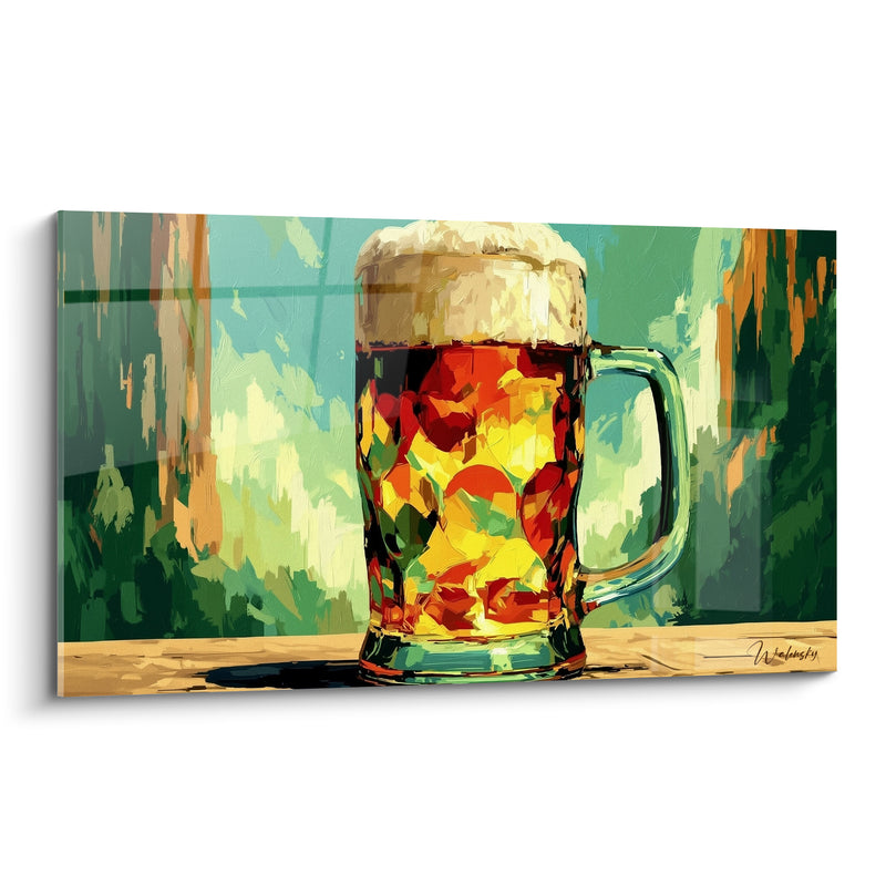 Tableau Chope rouge et verte aux reflets vitraux - Anse en verre facetté - Edition Bière