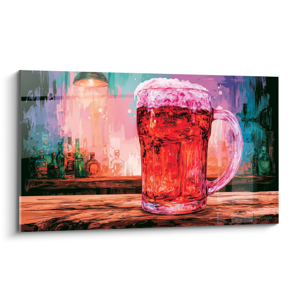 Cuadro Copa roja y rosa en la barra - Lámpara colgante y botellas - Edición de Cerveza