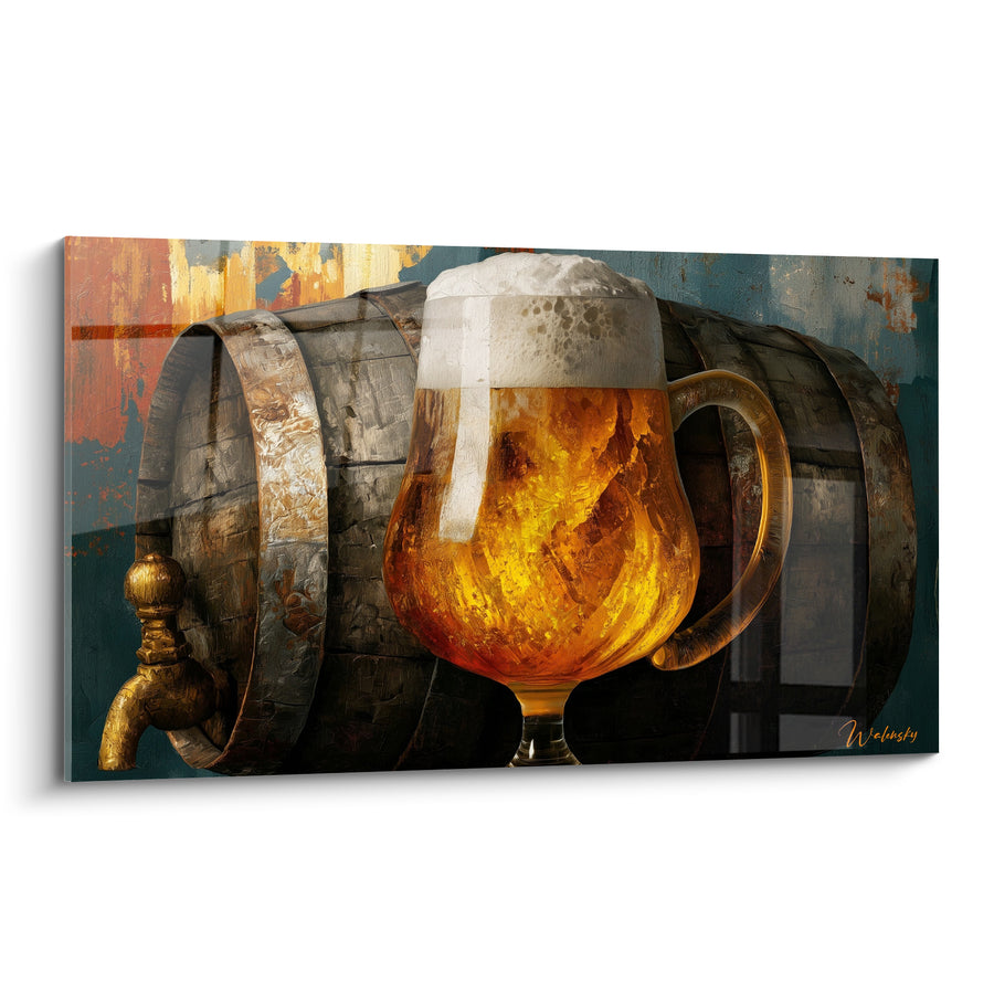 Tableau Chope ambrée et dorée devant un fût - Robinet en laiton - Edition Bière