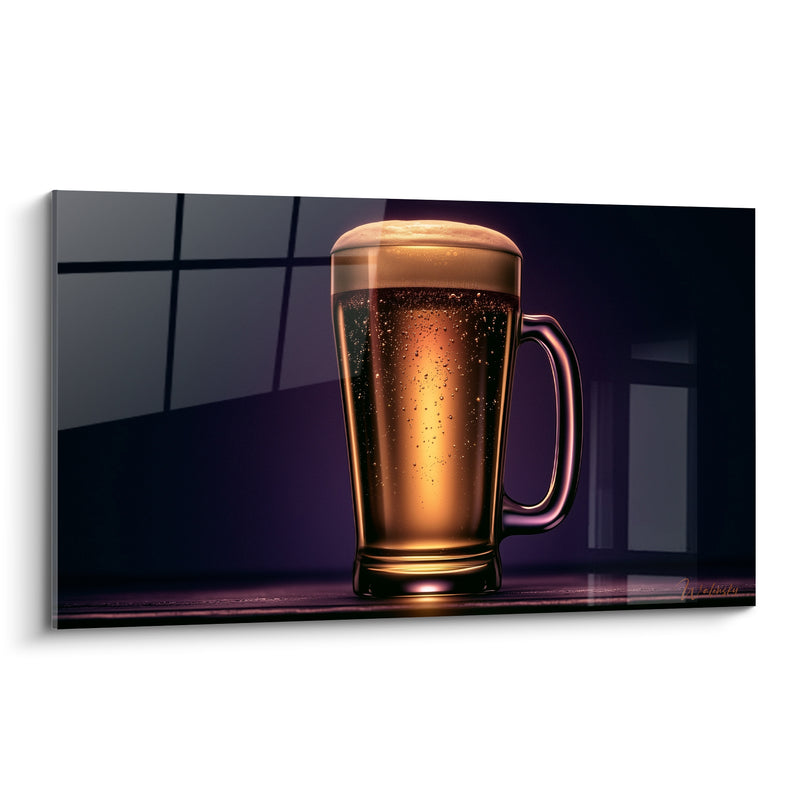 Tableau Chope ambrée et violette près d'une fenêtre - Bulles remontantes dans le verre - Edition Bière