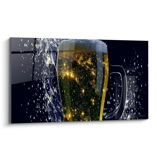 Cuadro de Jarras Doradas con Destellos Azul Nocturno - Salpicadura Nocturna - Edición Cerveza
