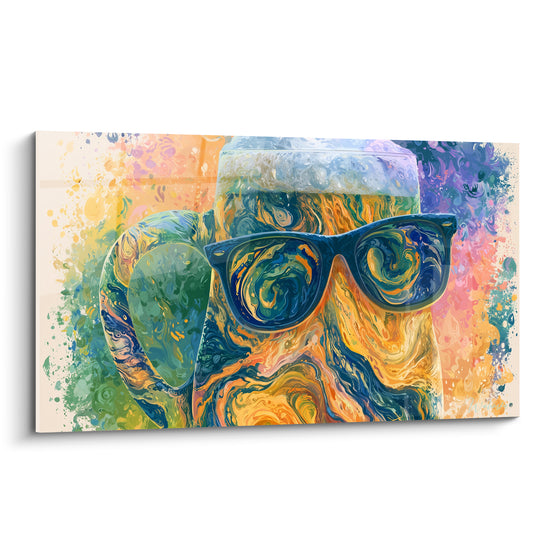 Chope de bière dorée aux lunettes bleu marine et mousse blanche, tourbillons colorés sur fond crème éclaboussé