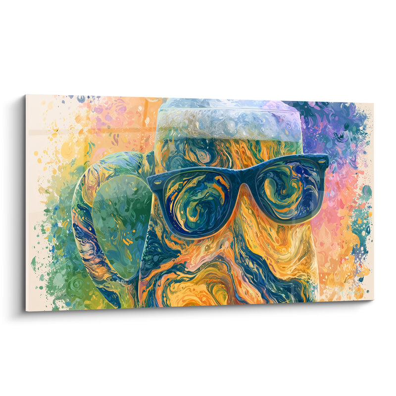 Tableau Chope dorée et bleue à lunettes de soleil - Tourbillons psychédéliques d'éclaboussures - Edition Bière