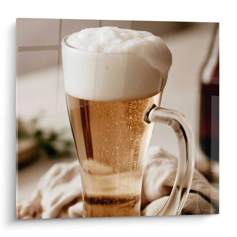 Tableau Chope ambrée et blanche au tissu beige - Anse en verre - Edition Bière