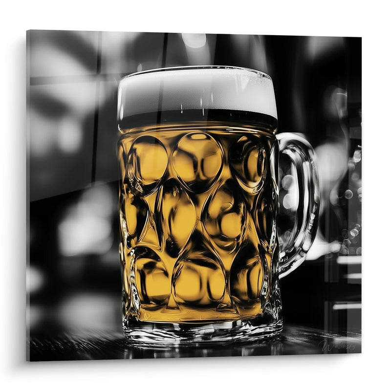 Tableau Chope dorée et noire au verre alvéolé - Fond flou en bokeh - Edition Bière
