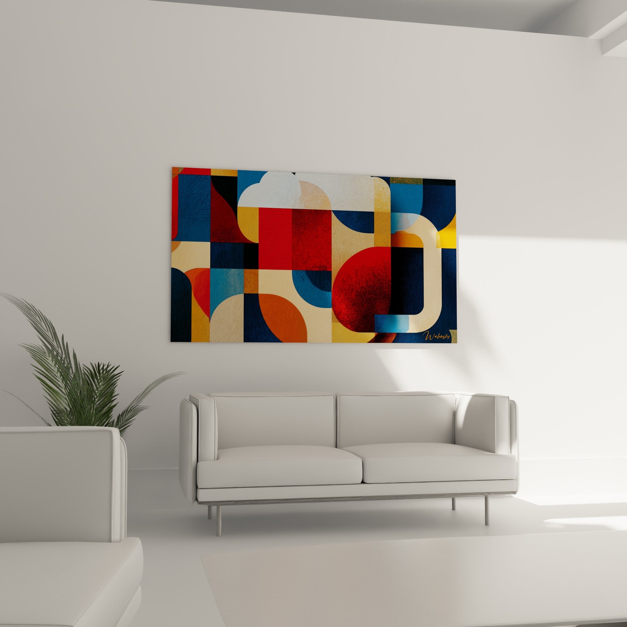 Composition cubiste orange et bleu marine autour d'une chope stylisée, au-dessus d'un canapé dans un salon lumineux