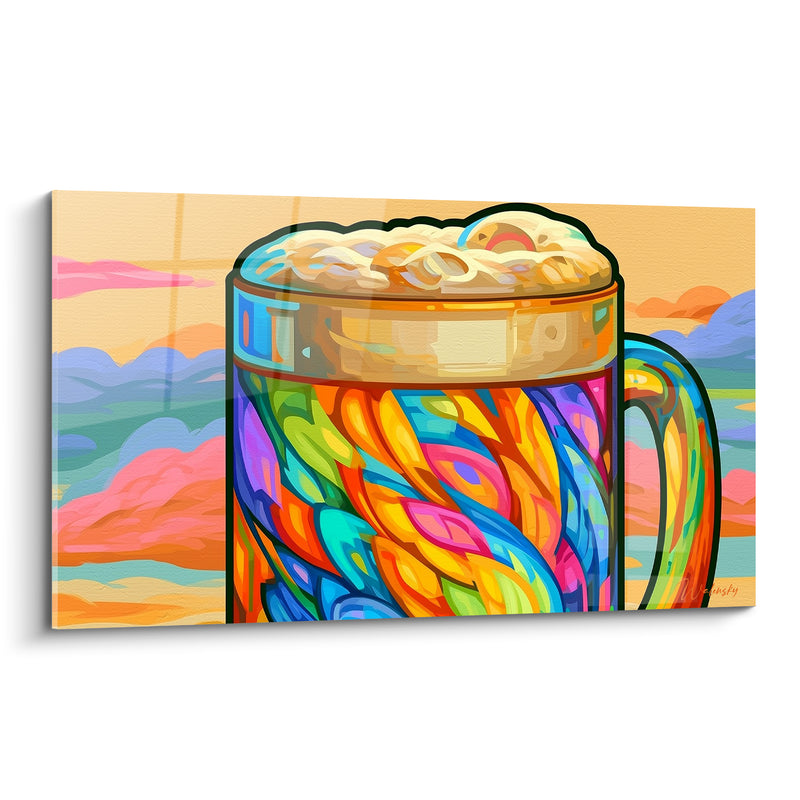 Tableau Chope multicolore et dorée aux nuages pastel - Mousse en spirale vitrail - Edition Bière